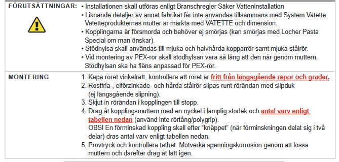 Fotografi av ett dokument med rödmarkerad text som ger instruktioner för rörmontage och varning för långsgående repor.