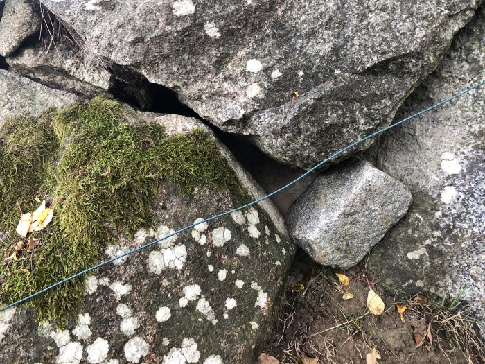 Naturstenmur med tomrum och erosion orsakad av regnvatten, mossa och löv synliga.