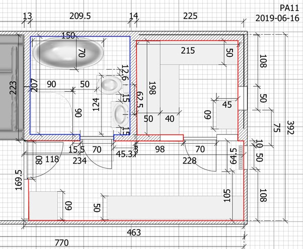 Ritning över bastu med måttangivelser, ventilationsspalt och planerad luftcirkulation markerad.