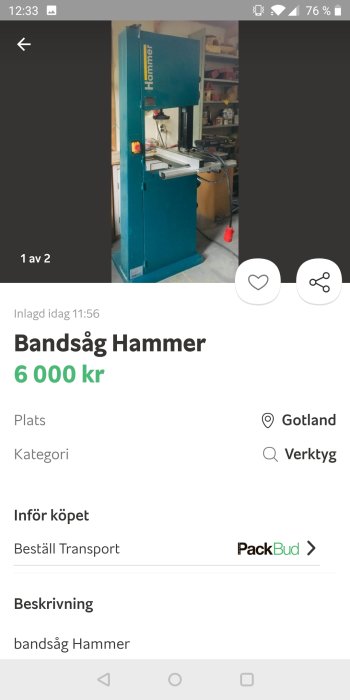 Stående bandsåg av märket Hammer i en verkstadsmiljö.