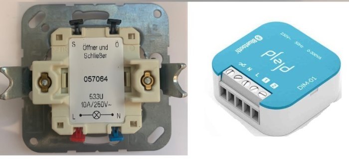 Bild av en Eljo Trend Vriddimmer och en Plejd DIM-01 tryckdimmer som diskuteras för byte i ett byggprojekt.