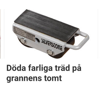 En metallisk enhet med texten "SILVERSTONE" och humoristisk beskrivning om att döda träd på grannens tomt.