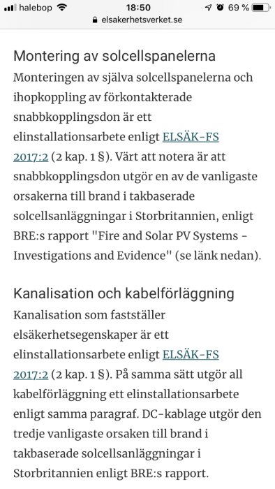 Skärmbild av en webbartikel om montering av solcellspaneler och säkerhetsrisker relaterade till installationen.