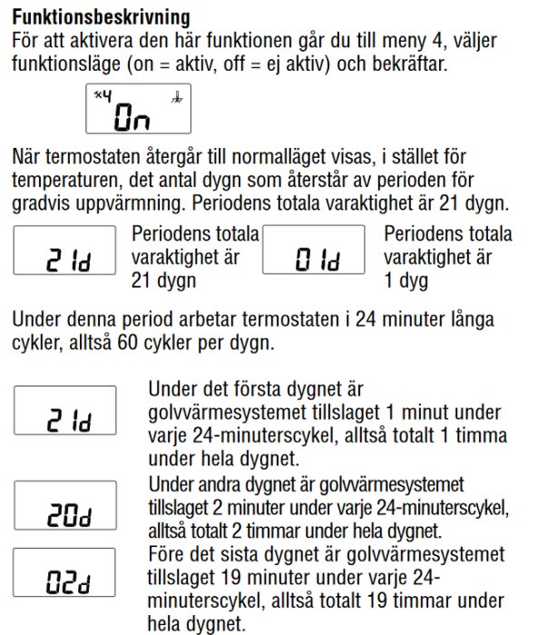 Svensk text om funktionen för en termostat med inställningar och cyklers varaktighet under olika dagar.