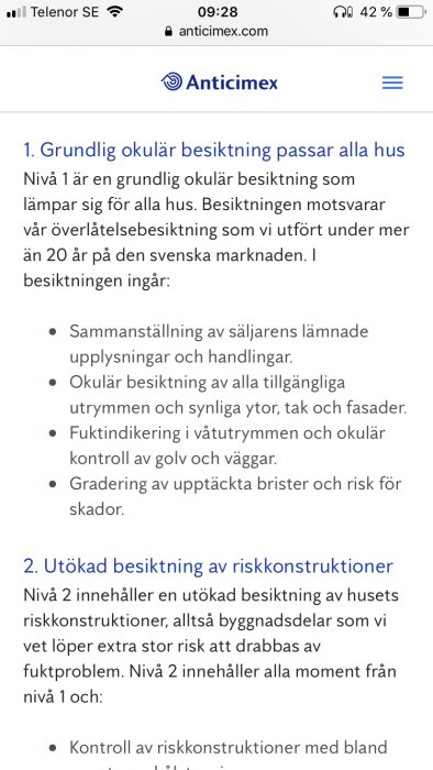 Skärmdump från Anticimex webbplats som listar typer av husbesiktningar och vad de innefattar.