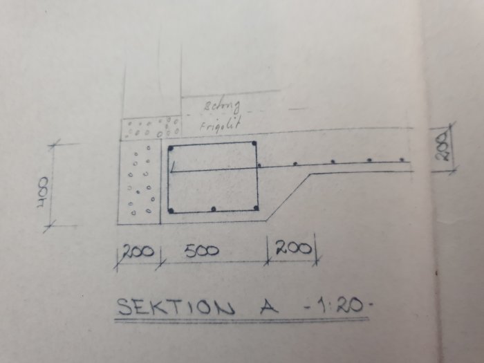 Handritad skiss av en byggnadssektion som visar måtten och materialen i en betongplatta med isolering och lecablock.