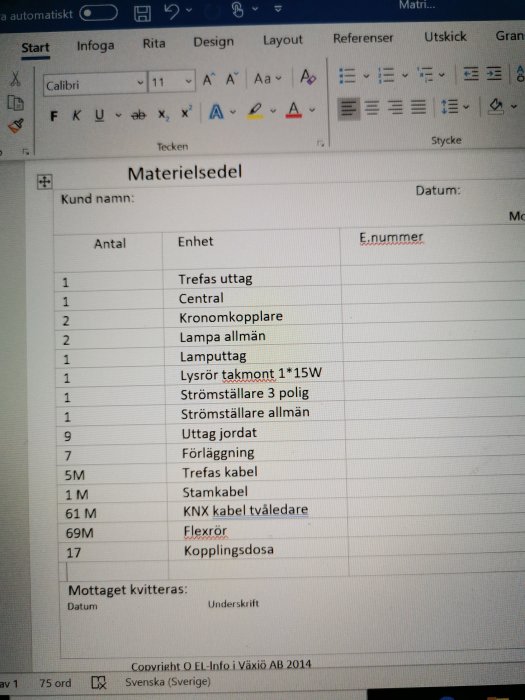 Skärmbild av en öppen materiallista i ett dokumentredigeringsprogram med diverse elektriska komponenter.