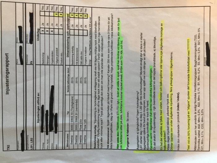 Justering av luftflödesprotokoll med markeringar och kommentarer som ifrågasätter mätresultaten.