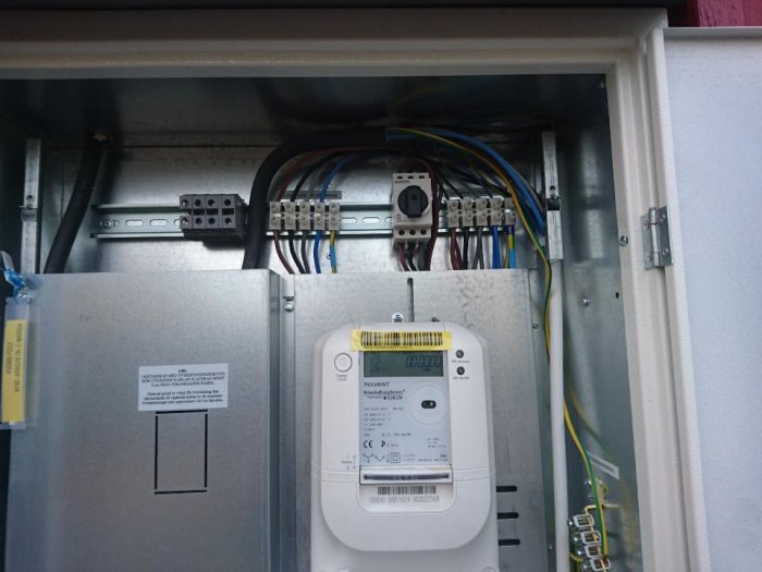 Elmätare i fasadmätarskåp med ansluten vit kabel och synliga ledningar, säkringar och kopplingsskenor.
