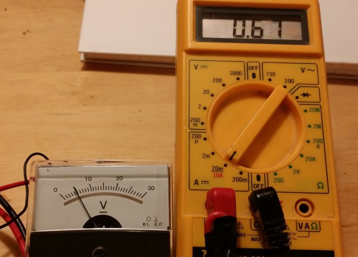 Analog voltmeter och en digital multimeter som visar spänningen i en elektroniskt experiment.
