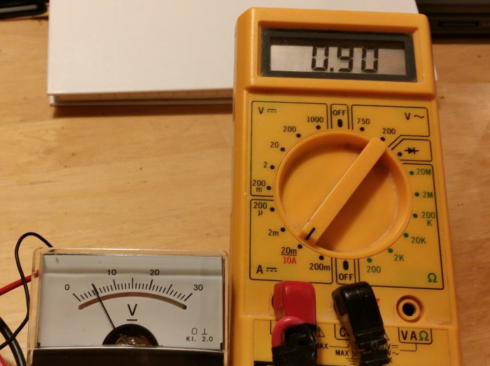 Analog voltmetrar och en digital multimeter som visar en spänning på 5,00 volt.