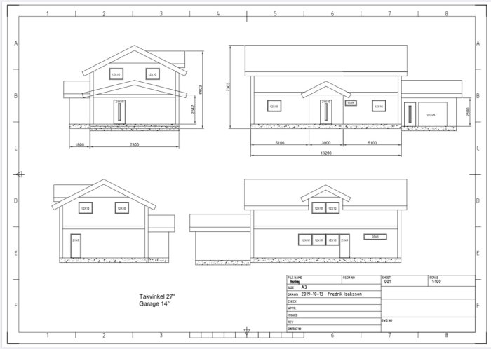Arkitektonisk ritning av ett enfamiljshus med måttangivelser och olika fasadvyer.