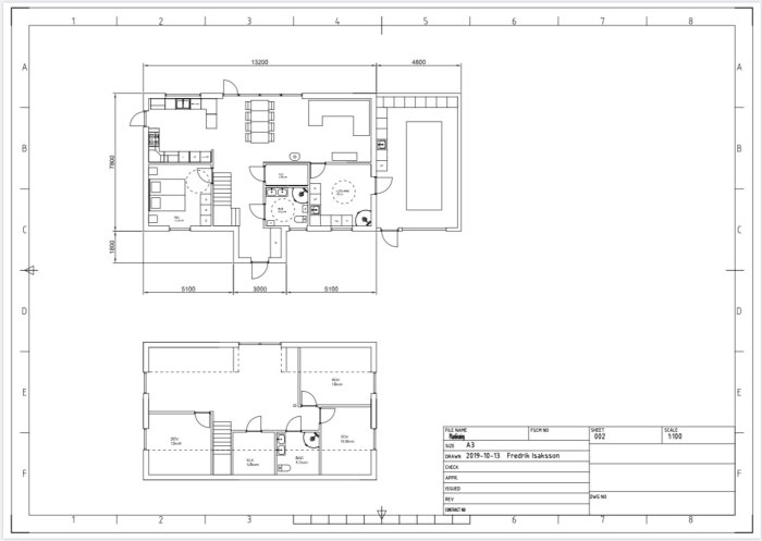 Arkitektonisk ritning av ett hus med planlösning och dimensioner, inklusive framtida uterum.