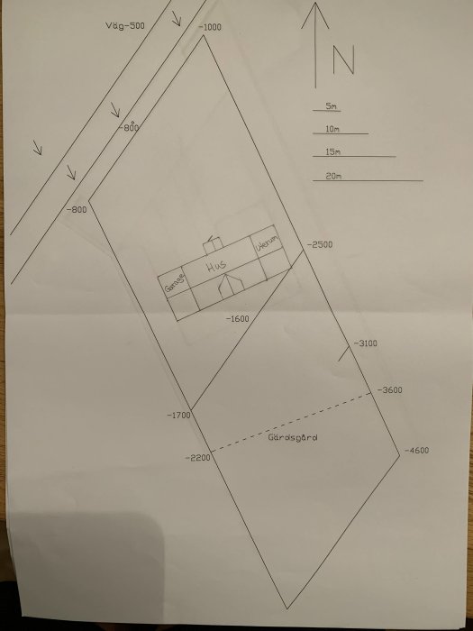 Handritad skiss av en tomtplan med måttangivelser, föreslagen placering av ett hus med garage och uterum, samt en kompassriktning.