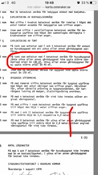 Detaljplan med text markerad som begränsar byggstorlek till max 40m² för garage på tomt med beteckning "BF 1".