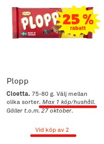 Erbjudande på Plopp choklad med 25% rabatt, giltigt till och med 27 oktober, max ett köp per hushåll.