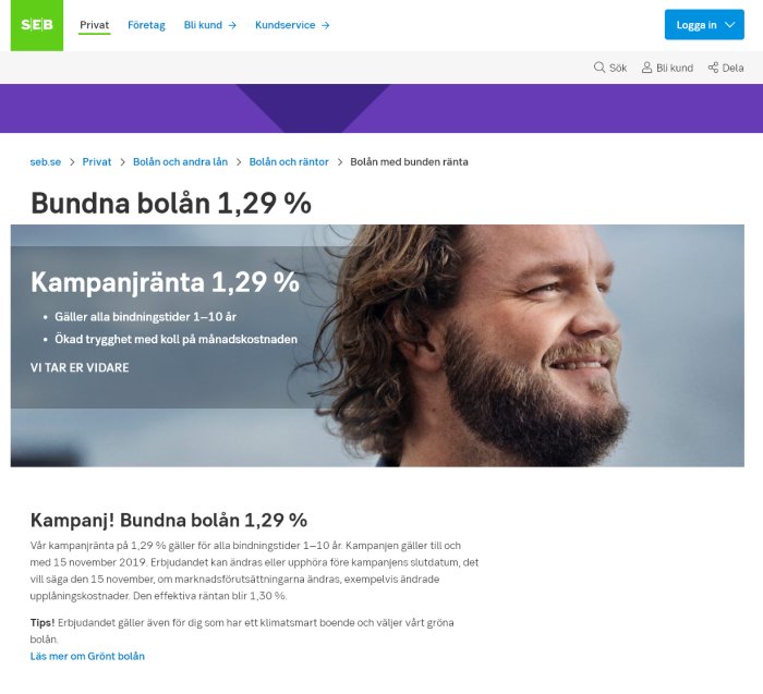 Skärmbild av en bankkampanj för bundna bolån med 1,29 % ränta och en leende man.