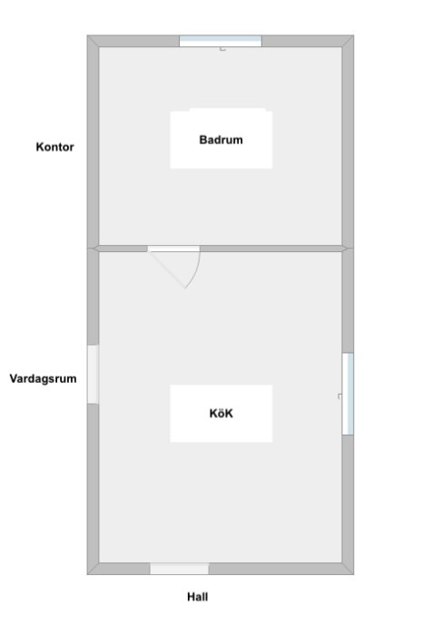 Planlösning som visar ett stort badrum grensande direkt till köket i ett hus, med angiven översikt av kontor och vardagsrum.