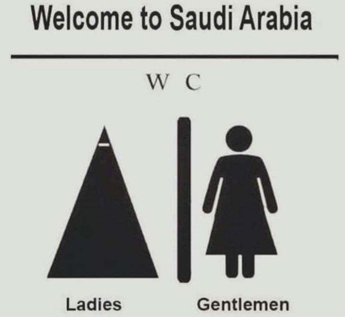 Skämtsam bild med skylt som säger "Welcome to Saudi Arabia" ovanför ikoner för dam- och herrtoalett.