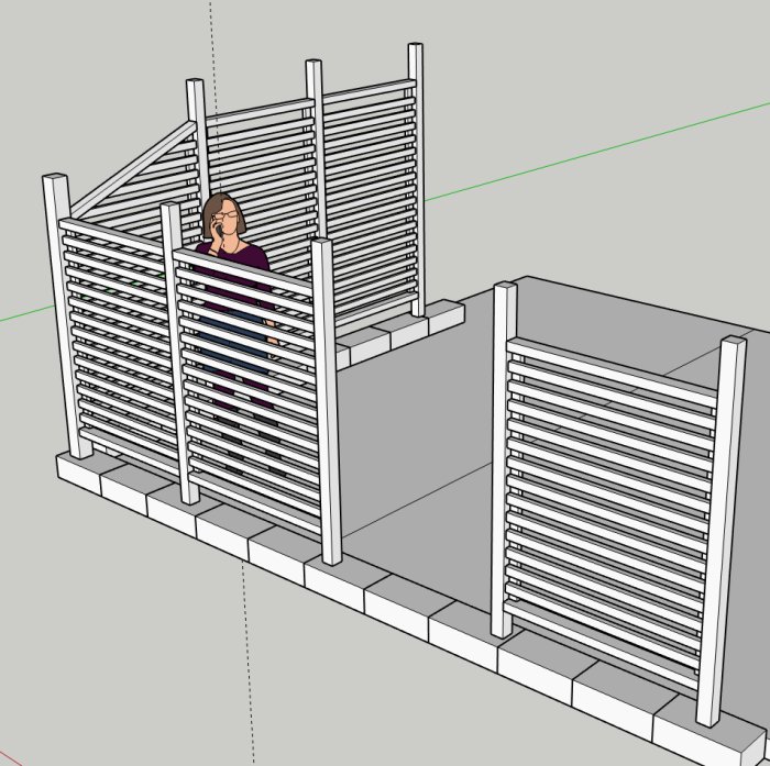 3D-Sketchup-modell av en spaljé med placerade stolpar och horisontella ribbor.