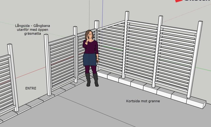 3D-Sketchupmodell av spaljé med stolpar och horisontella ribbor vid en entré, person reflekterar över designen.