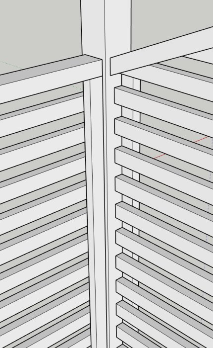 3D-skiss i Sketchup av en träspaljé med vertikala och horisontella ribbor.