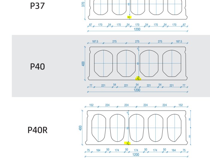 Diagram över betongtakselement med måttangivelser som visar tjocklek och ihåliga sektioner.