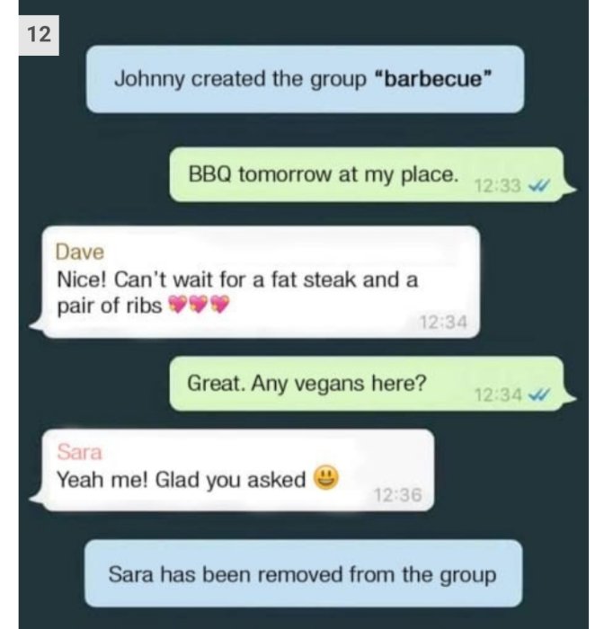 Skärmbild av en chatt i en grupp med namnet "barbecue" där en person tas bort efter att ha nämnt att de är vegan.