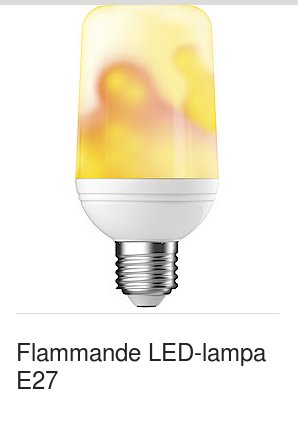 LED-lampa E27 med flammande ljuseffekt som liknar en brinnande låga.