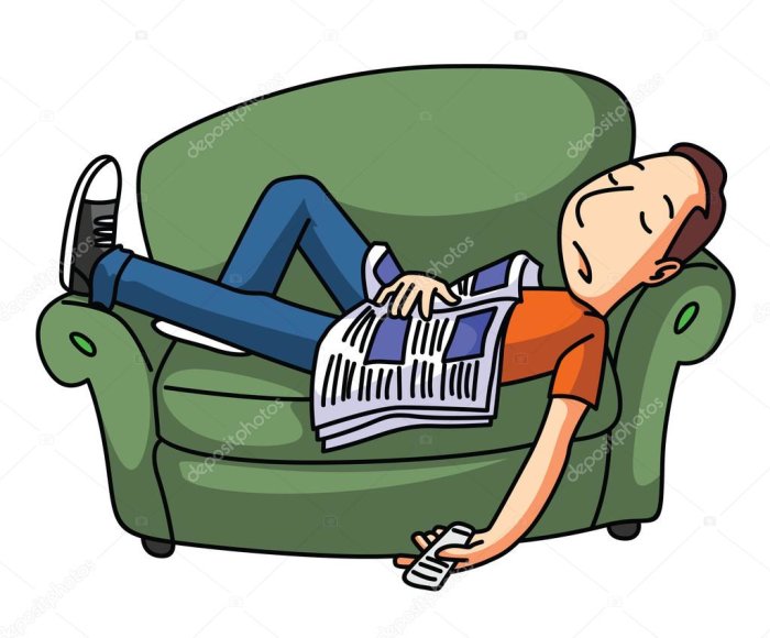 Person som sover på en grön soffa med en tidning i handen.