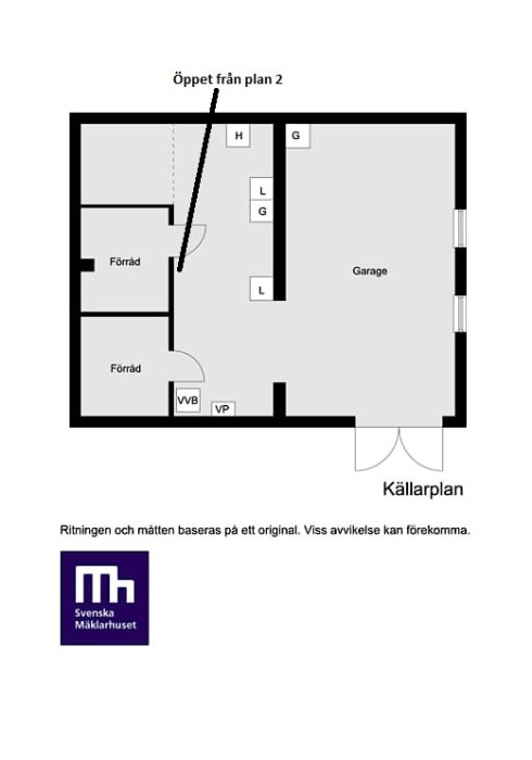 Planritning över källarplan i ett hus med markerat öppet område från plan 2, förråd, garage, och V/B position.