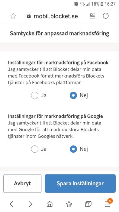 Skärmavbild av samtyckesdialog för anpassad marknadsföring på Blocket via mobil där användaren väljer inställningar.
