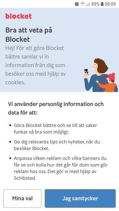 Skärmbild på en cookie-meddelande från Blocket med en person som tittar på mobilen och ett barn bakom.