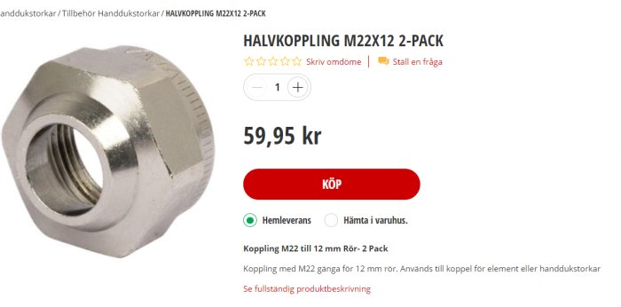 Halvkoppling M22x12 i en 2-pack förpackning använd för rörinstallationer, visas bredvid prisinformation.