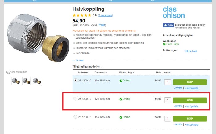 Skärmdump av en webbshop som visar en halvkoppling för rörinstallation med priset och köplänk markerad.