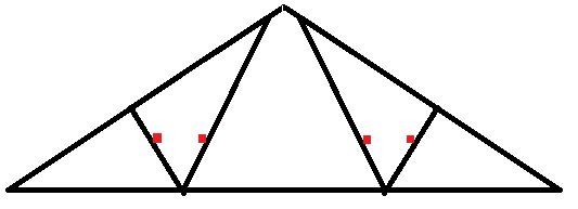 Schematisk illustration av takstolar med markerade punkter för montering av hyllplan på stödben.