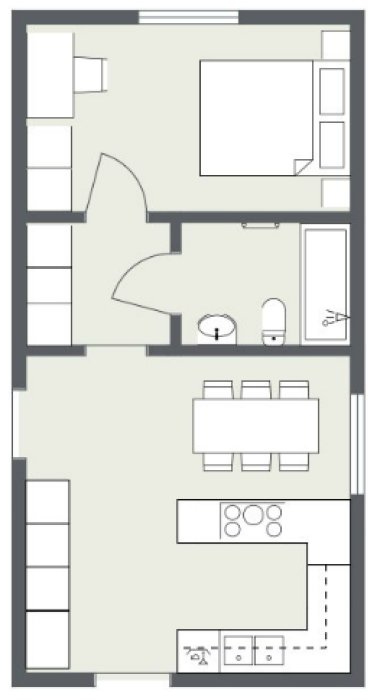 Planritning av en lägenhet med inre hall, möblerade rum inklusive en 160 cm bred dubbelsäng och matbord vid fönstret.