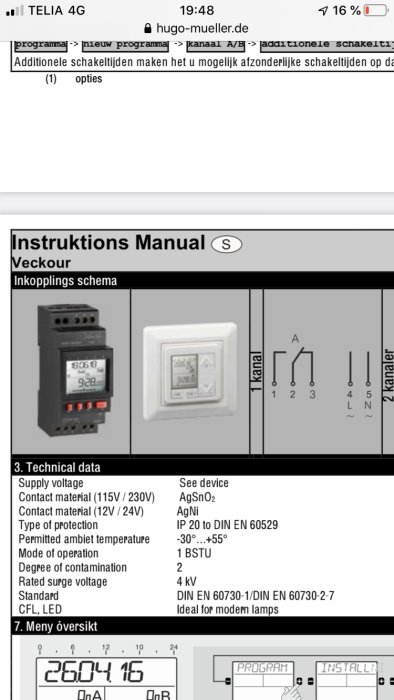 Bild på en instruktionsmanual för en timer med kopplingsschema och teknisk data.