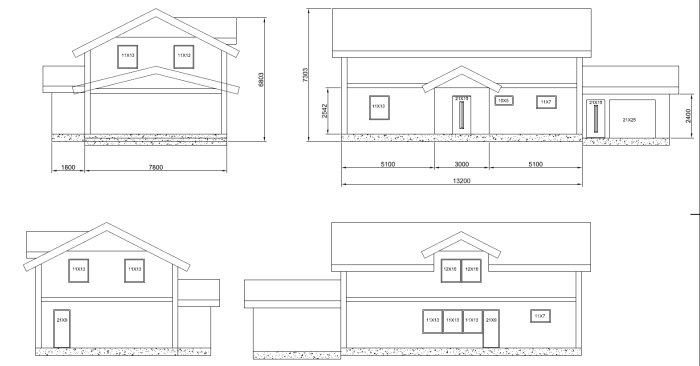 Arkitektoniska ritningar av husfasad och sektion med måttangivelser och fönsterstorlekar.