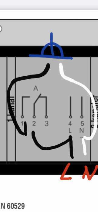 Handritad bild över elektrisk anslutningsschema med markeringar vid kretsar L och N.