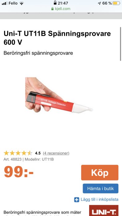 Hand håller Uni-T UT11B beröringsfri spänningsprovare på en produktannons.