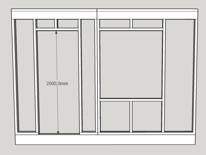 Line drawing of an interior structure with a 2000mm door aligned at the bottom with adjacent windows.