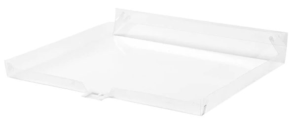 Vit läckageskyddsskiva för diskmaskin placerad mot en vit bakgrund.