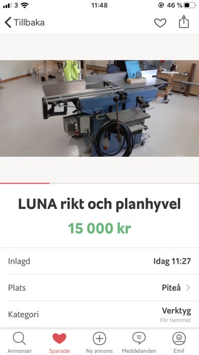 LUNA rikt och planhyvel modell 410 till salu för 15 000 kr i verkstadslokal.