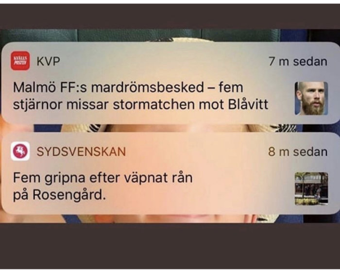 Skärmbild av nyhetsnotiser med text om Malmö FF och gripna efter rån.