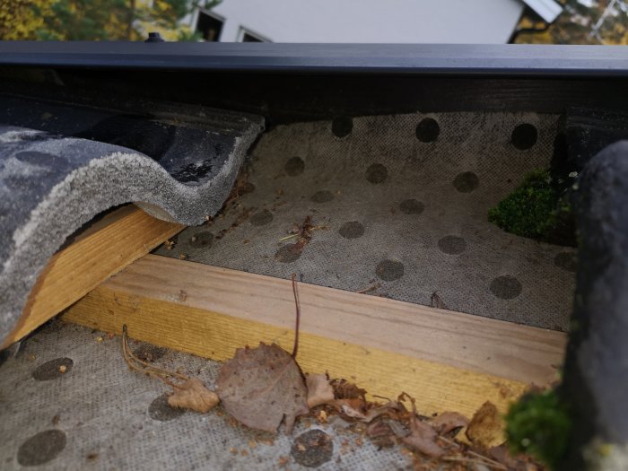 Takpanna flyttad visar underlag med två typer av papp, trekantslist och inga tecken på fukt.