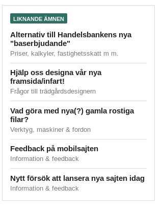 Skärmbild av en lista med liknande diskussionstrådar på ett forum.