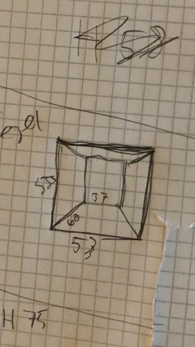 Handritad skiss av eldstad med måttangivelser på rutat papper.