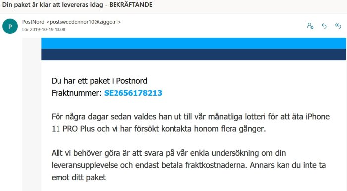 Skärmdump av misstänkt bluffmejl som utger sig för att vara från PostNord med fraktnummer och erbjudande om iPhone.