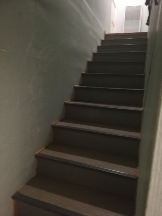 Trappa med mattbelagda trappsteg och målade väggar i en byggnad.